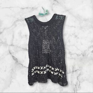 Chic Black Lace Knit Blouse with White Accents, NWT